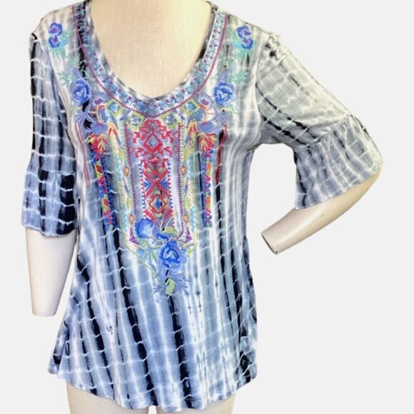 Calessa 2-Pc Top & Skirt BOHO Tie Dye Embroidered Flowers Sz L 152H - Picture 6 of 11